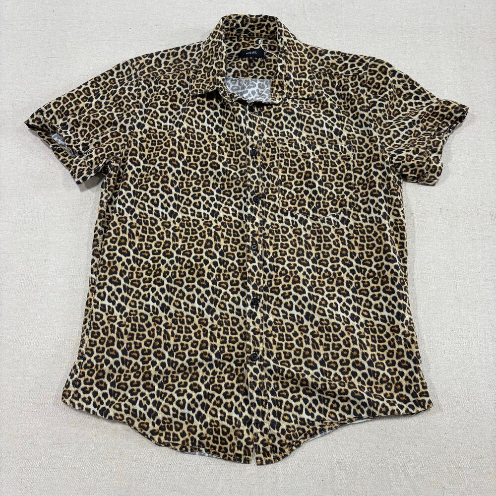Nutexrol Mens Shirt M Brown Patch Leopard Animal Print Hawaiian Leopardtone y2k